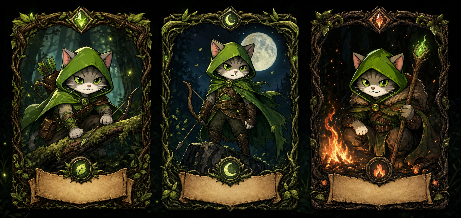 Three original RobinCat character card concepts in an enchanted forest