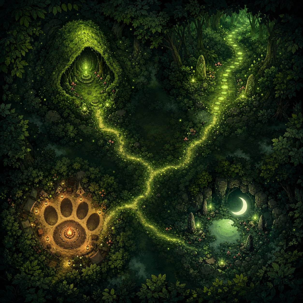Illustrated enchanted forest map with four connected clearings